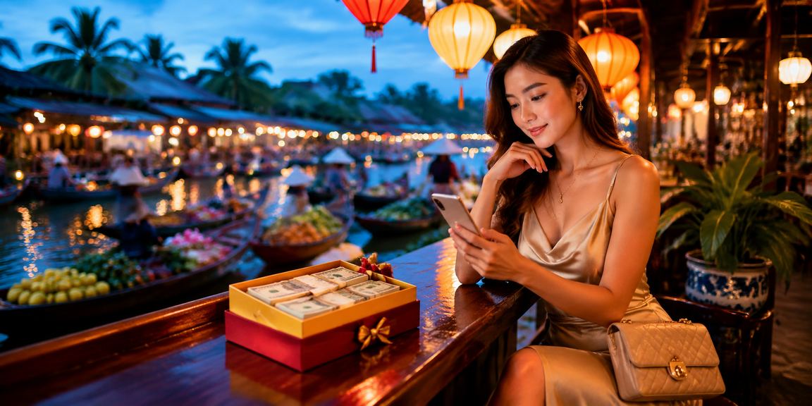 Người chơi Hội An truy cập casino trên điện thoại dưới ánh đèn lồng truyền thống